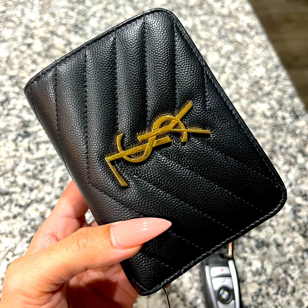 Authentic YSL Black Leather Compact Wallet with Gold-Tone Hardware